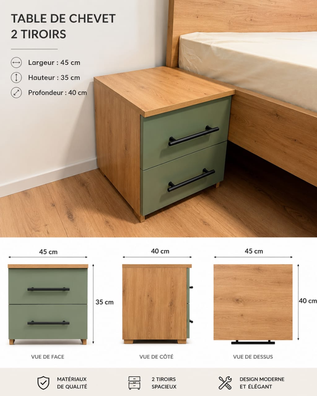 Table de Chevet 2 Tiroirs HB Design+
